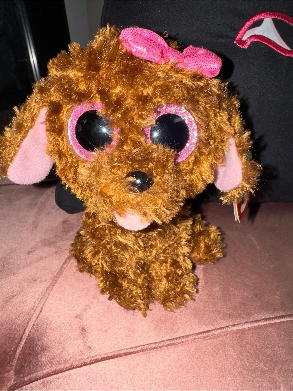 ty beanie boo maddie the brown & pink puppy dog with bow plush.